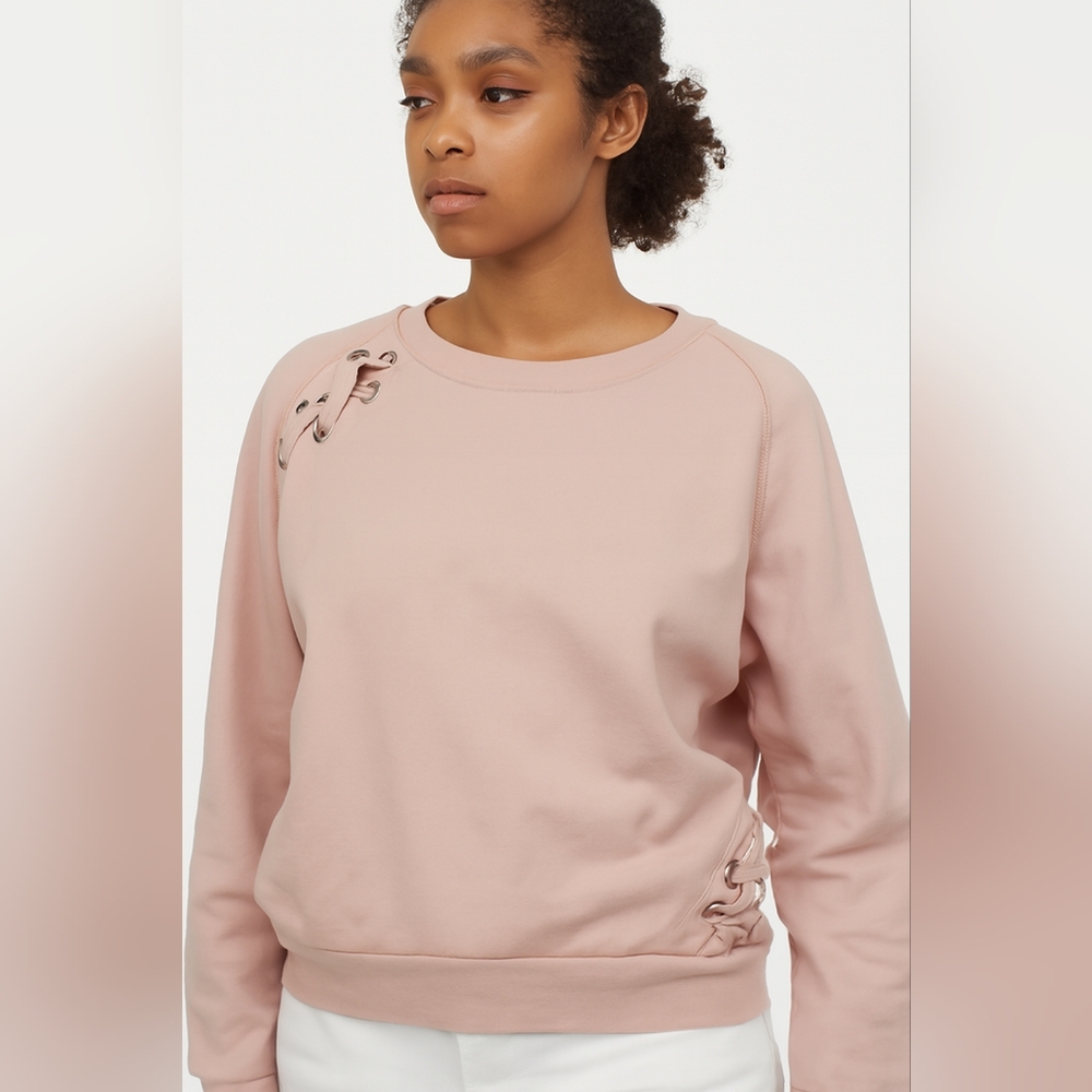 2/$30 Women's Blush Pink‎ Lace-Up Feminine Casual Pullover Sweatshirt (#1,545)